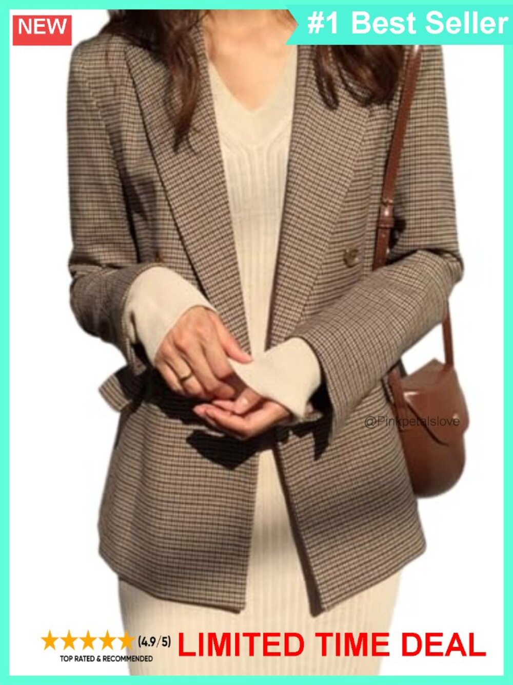 Women's Houndstooth Double-Breasted Tailored Blazer Jacket Notch Lapel Pocket